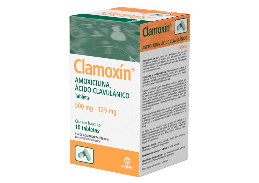 [7502009740992] Clamoxin  c10 Tabletas (Amoxicilina 500 mg - Acido Clabulanico 125 mg)