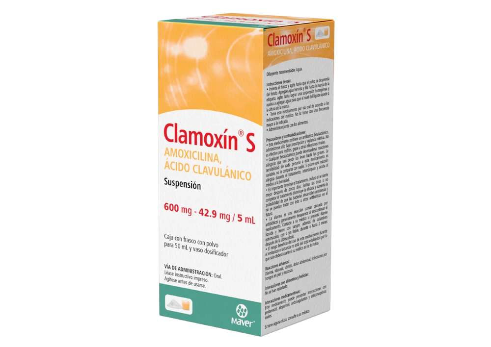 Clamoxin S Suspensión 50mL(Amoxicilina 600 mg - Acido Clabulanico 42.9mg / 5mL)