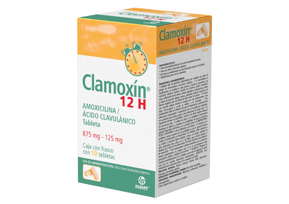 [7502009740763] Clamoxin 12h c10 Tabletas (Amoxicilina 875 mg - Acido Clabulanico 125 mg)
